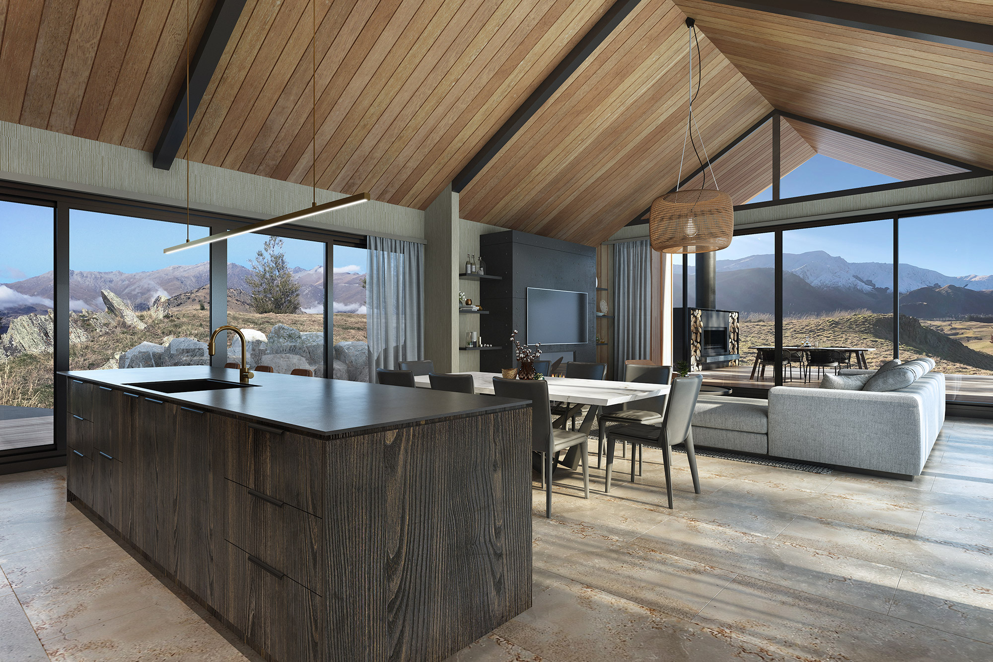 Waterfront living room 3D rendering in Coomera QLD with expansive glazing and modern Australian coastal interior design