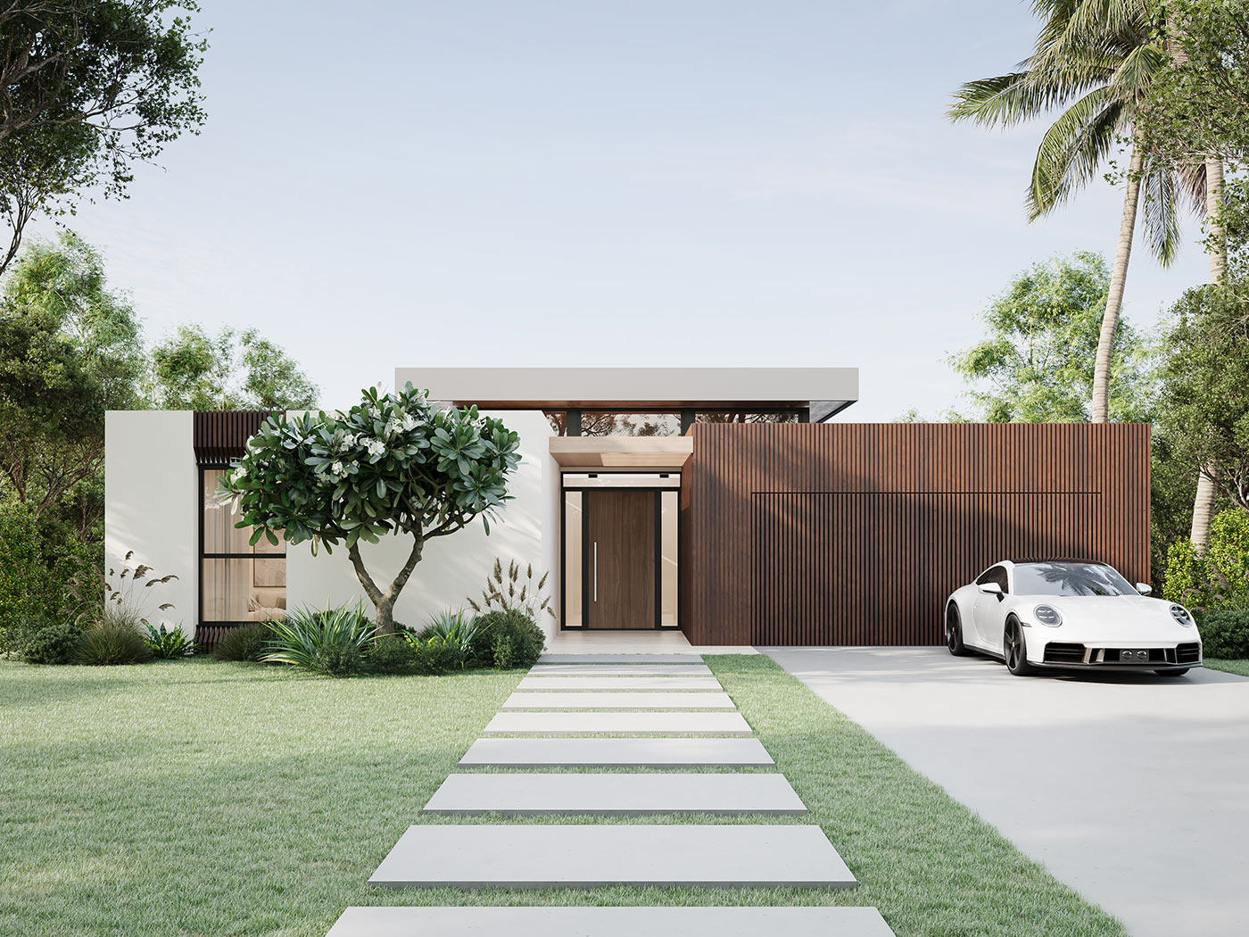 Luxury modern home 3D rendering in Coronga Crescent Killara NSW with grand entry, curved windows and landscaped frontage