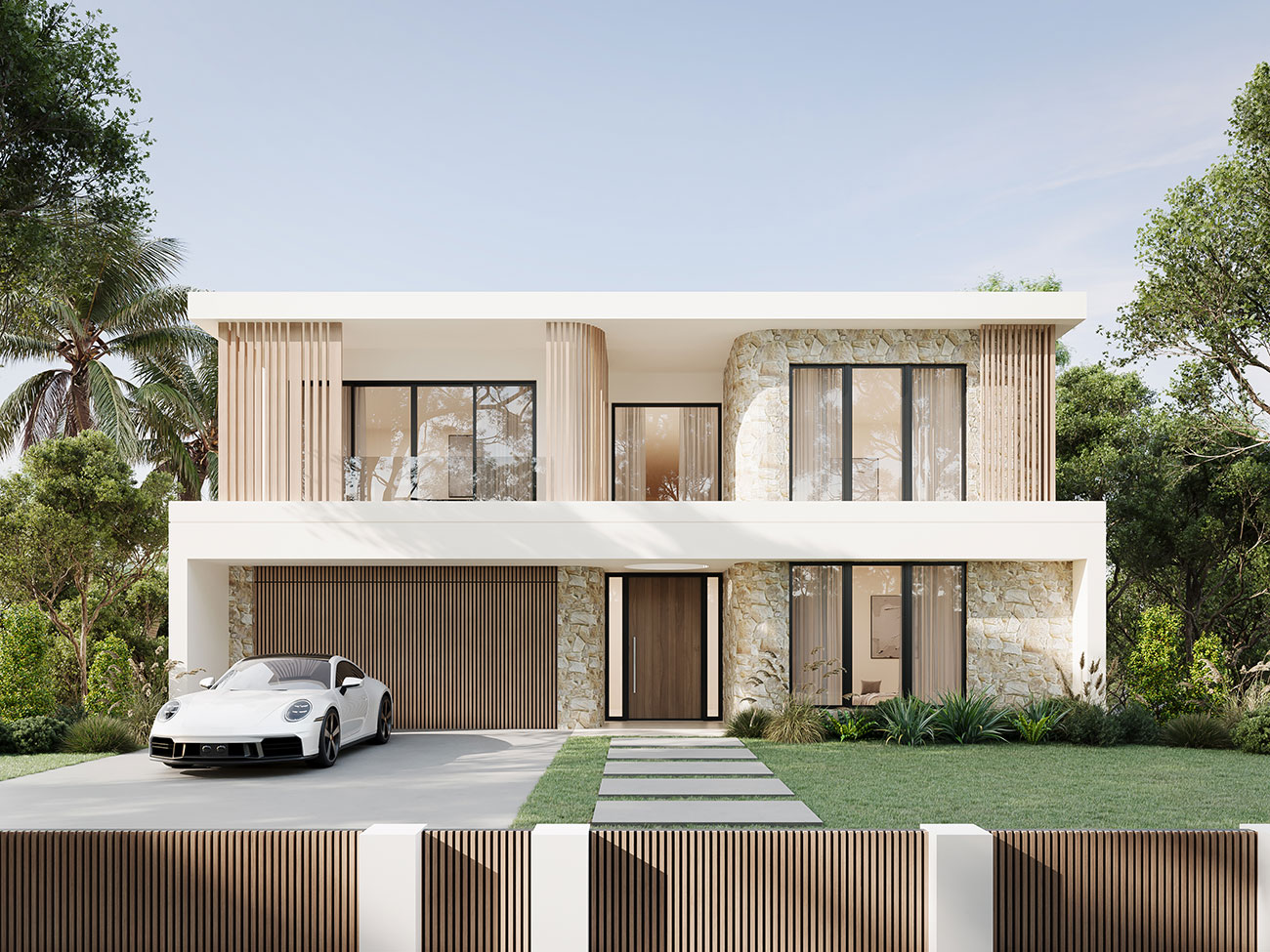 High end architectural home 3D render in Coronga Crescent Killara NSW featuring double height glazing and contemporary facade