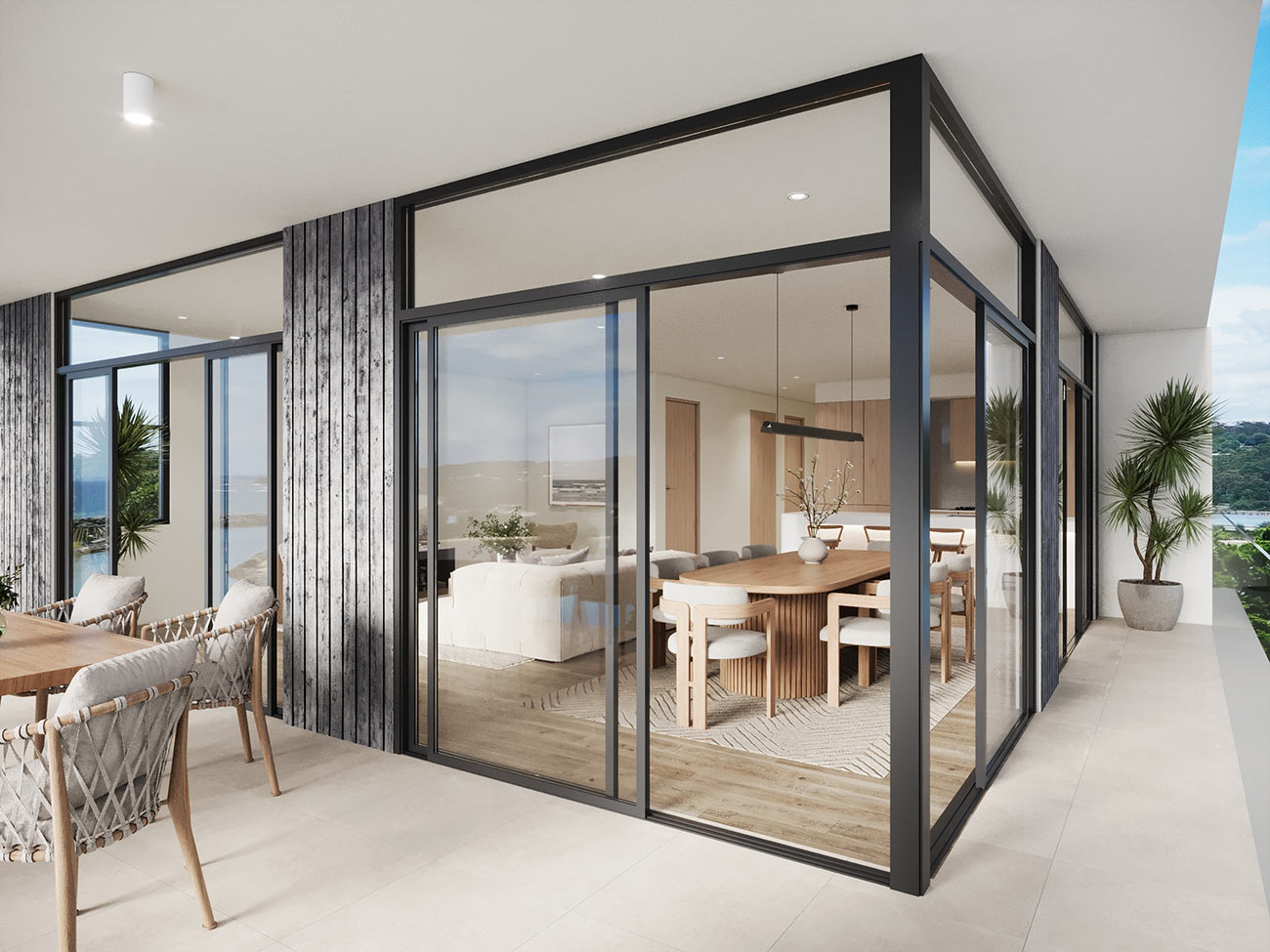 Coastal apartment balcony outdoor living space in Dee Why Sydney presented as a high quality architectural 3D render with ocean views and modern finishes