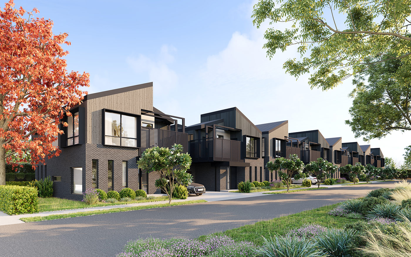 Modern townhouse streetscape in Diggers Rest with pitched roof forms and landscaping shown in a 3D Render