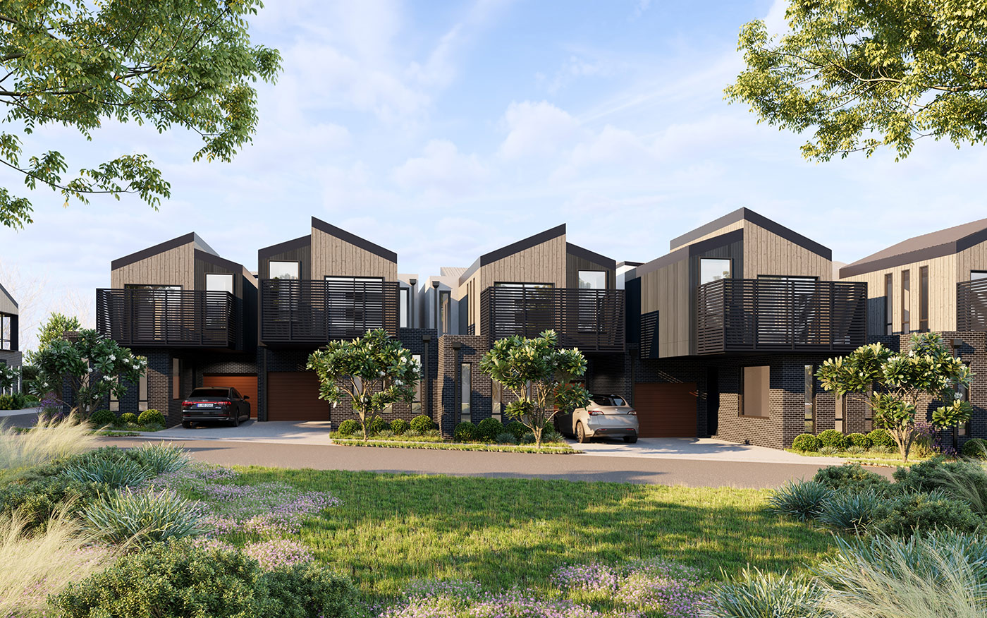 Townhouse development in Diggers Rest with warm evening lighting and contemporary facade design in a 3D Rendering