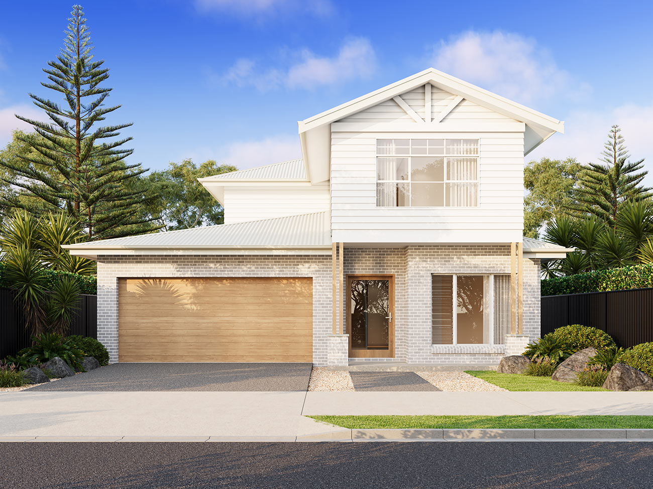 Modern double storey home design 3D Rendering in Box Hill VIC with bold geometry, timber cladding and feature lighting