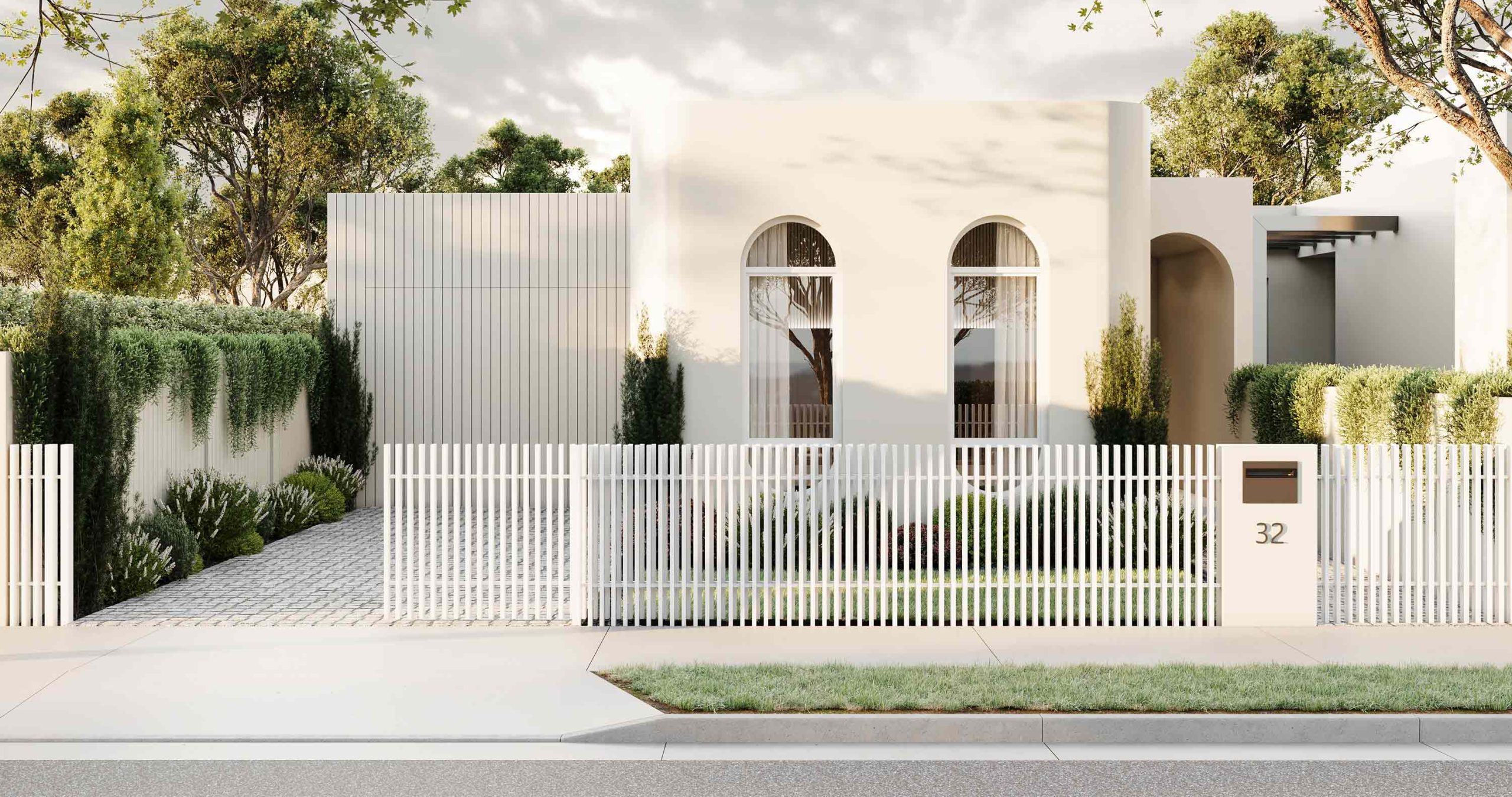 Modern townhouse development 3D Rendering in Strathmore VIC with dual garage, contemporary facade and landscaped frontage