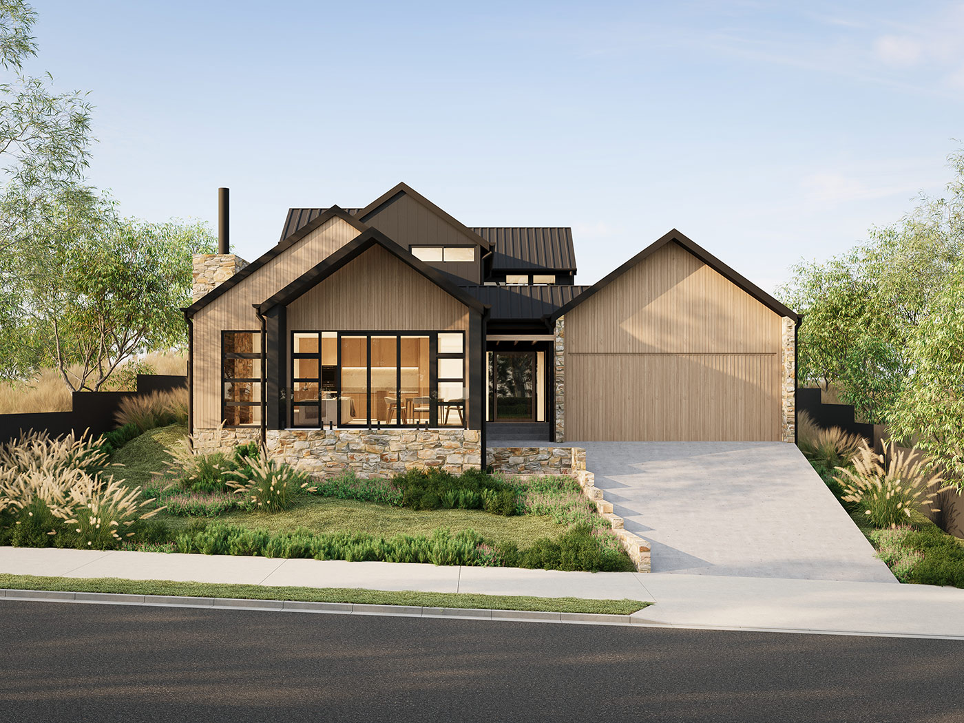 Alpine style home in East Jindabyne NSW 3D rendering with pitched roof, timber facade and natural landscaping