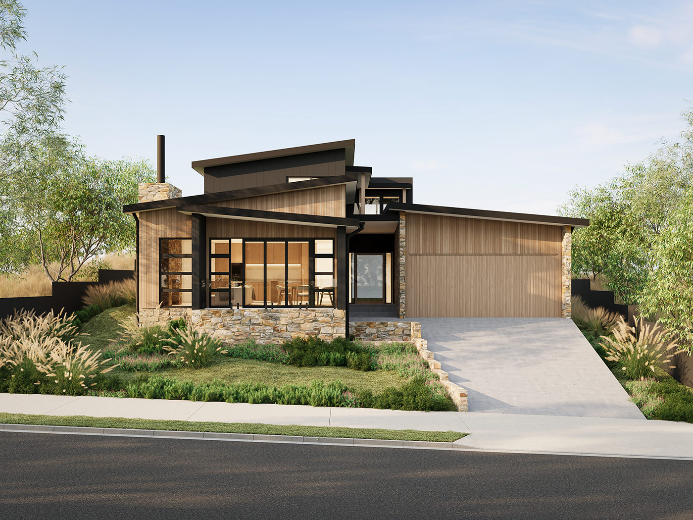 Modern mountain home in East Jindabyne NSW 3D render with timber cladding, stone base and sloping site design