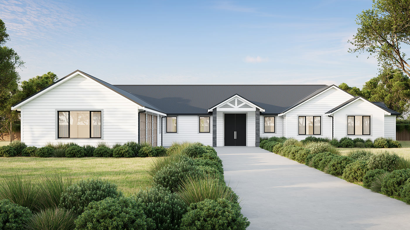 Contemporary country home 3D Render in Wollert VIC with expansive lawn, modern facade and natural landscaping