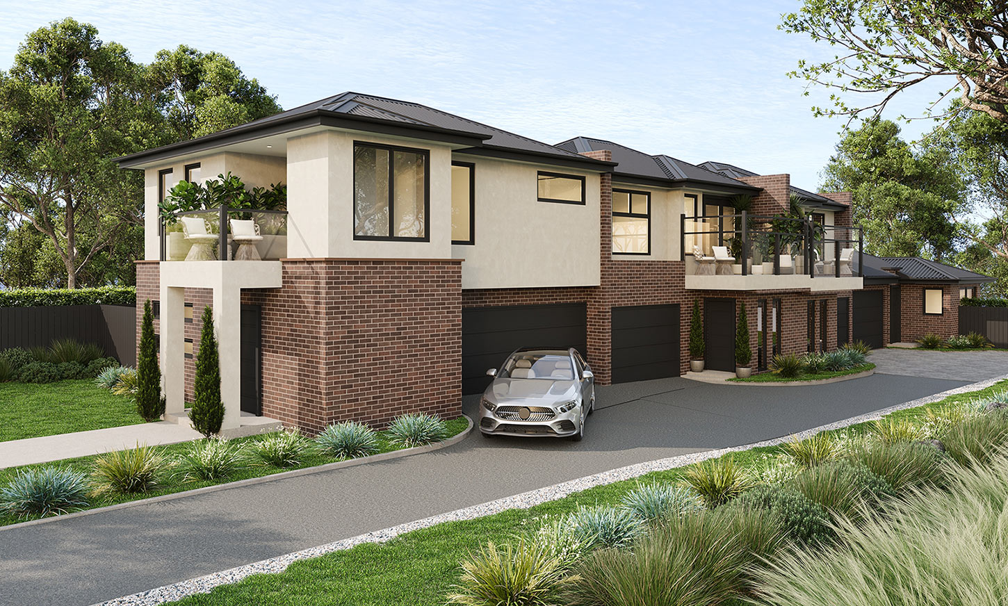 Modern dual occupancy facade in Ferntree Gully with clean white volumes and minimal detailing shown in a 3D Render