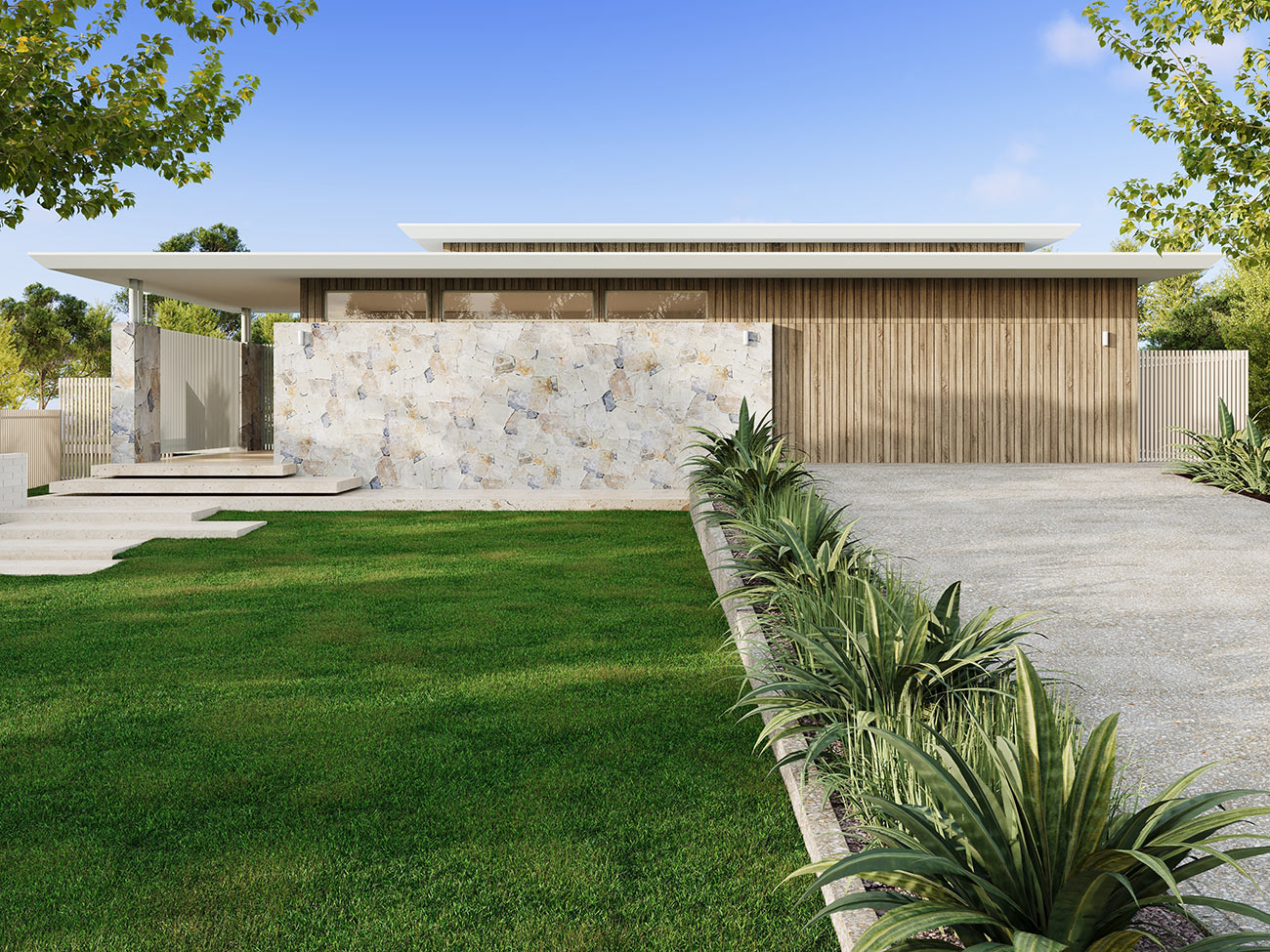 Modern coastal style home 3D Rendering in Palm Beach QLD with timber cladding, stone wall and contemporary landscaping