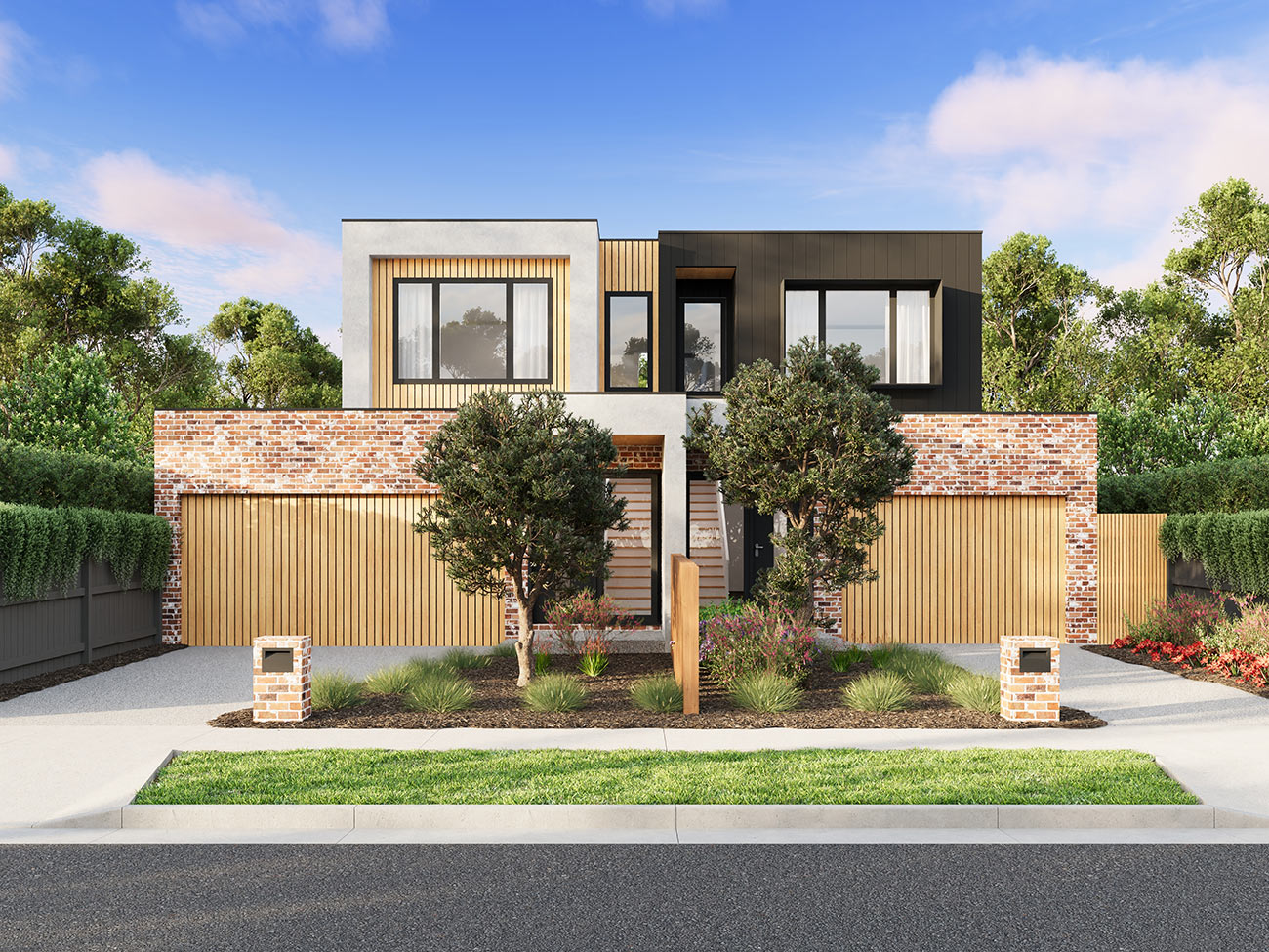 Dual occupancy modern homes in Frankston VIC 3D render showcasing timber garage doors and clean facade design