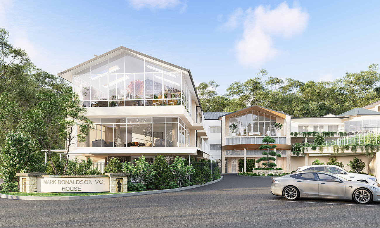 Residential care facility 3D rendering in Galston NSW with modern architecture and landscaped entry