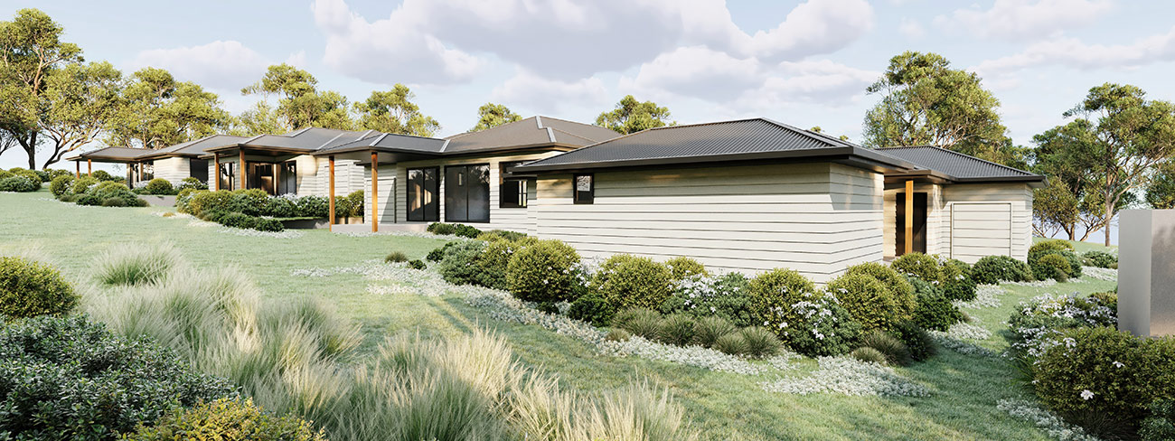 Country housing estate in Gembrook 3D render showing natural terrain and modern home designs