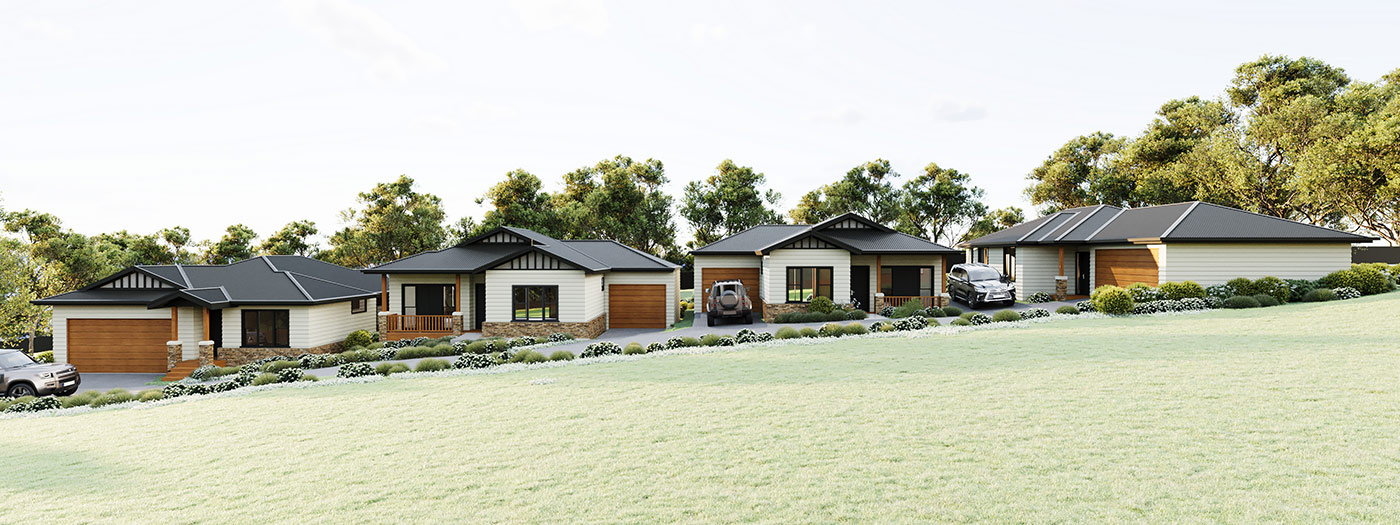 Rural residential development in Gembrook VIC 3D rendering with multiple homes set in landscaped environment