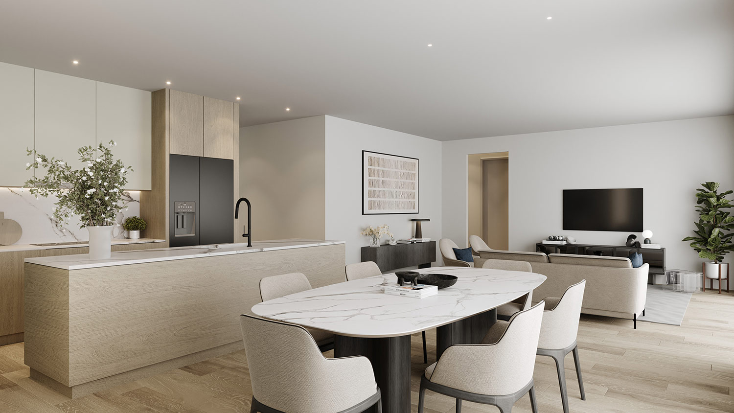 Modern open plan living and kitchen design in Glen Waverley Melbourne shown as a high-end residential 3D render with fireplace, timber finishes and natural light
