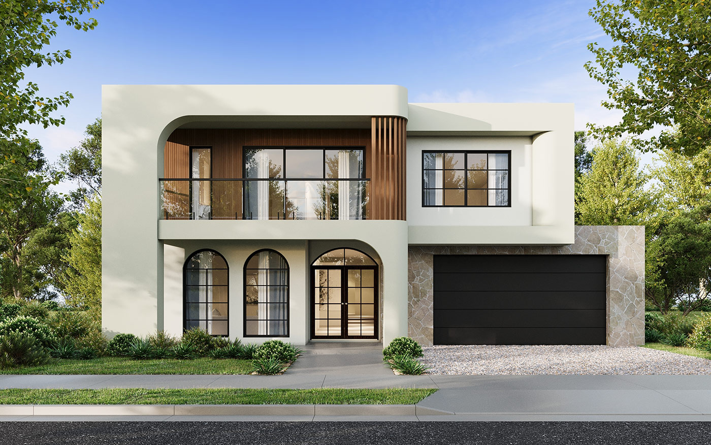 Contemporary double storey home 3D Render in Tarneit VIC with curved balcony, timber accents and modern landscaping