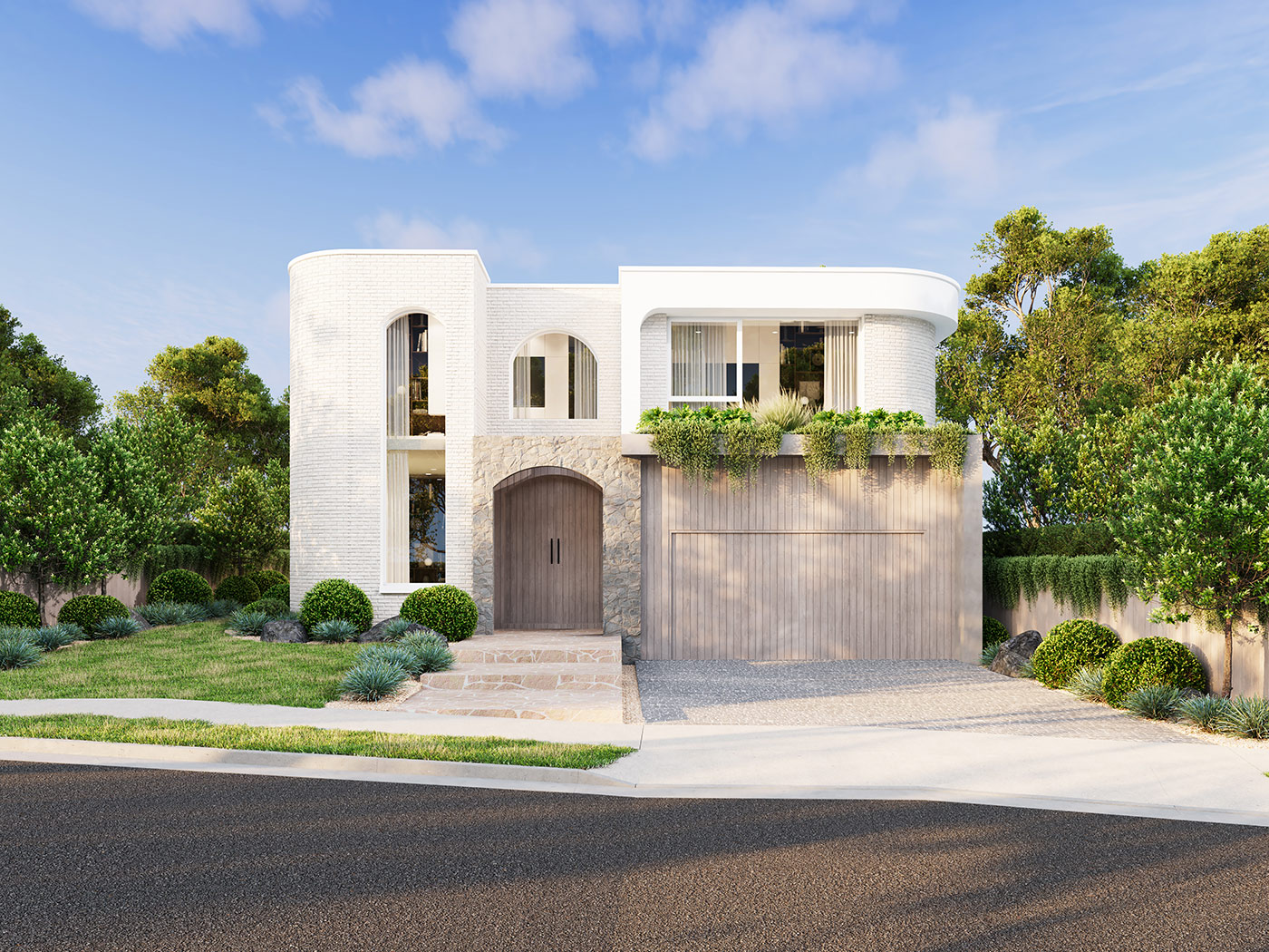 Luxury two storey home in Greenacre NSW 3D rendering with stone feature walls, timber garage door and contemporary design