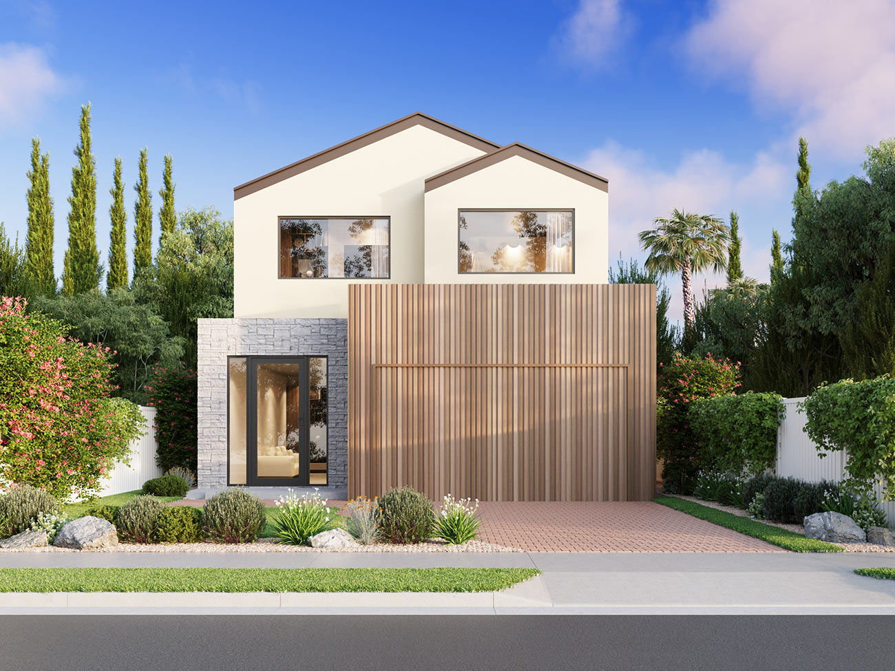 Modern dual garage home 3D Rendering in Ormeau QLD featuring contemporary facade, landscaping and suburban streetscape