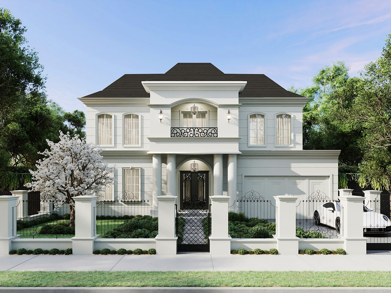 Classical luxury home 3D render in Hawthorn East Leura Grove with symmetrical facade, columns and manicured garden landscaping