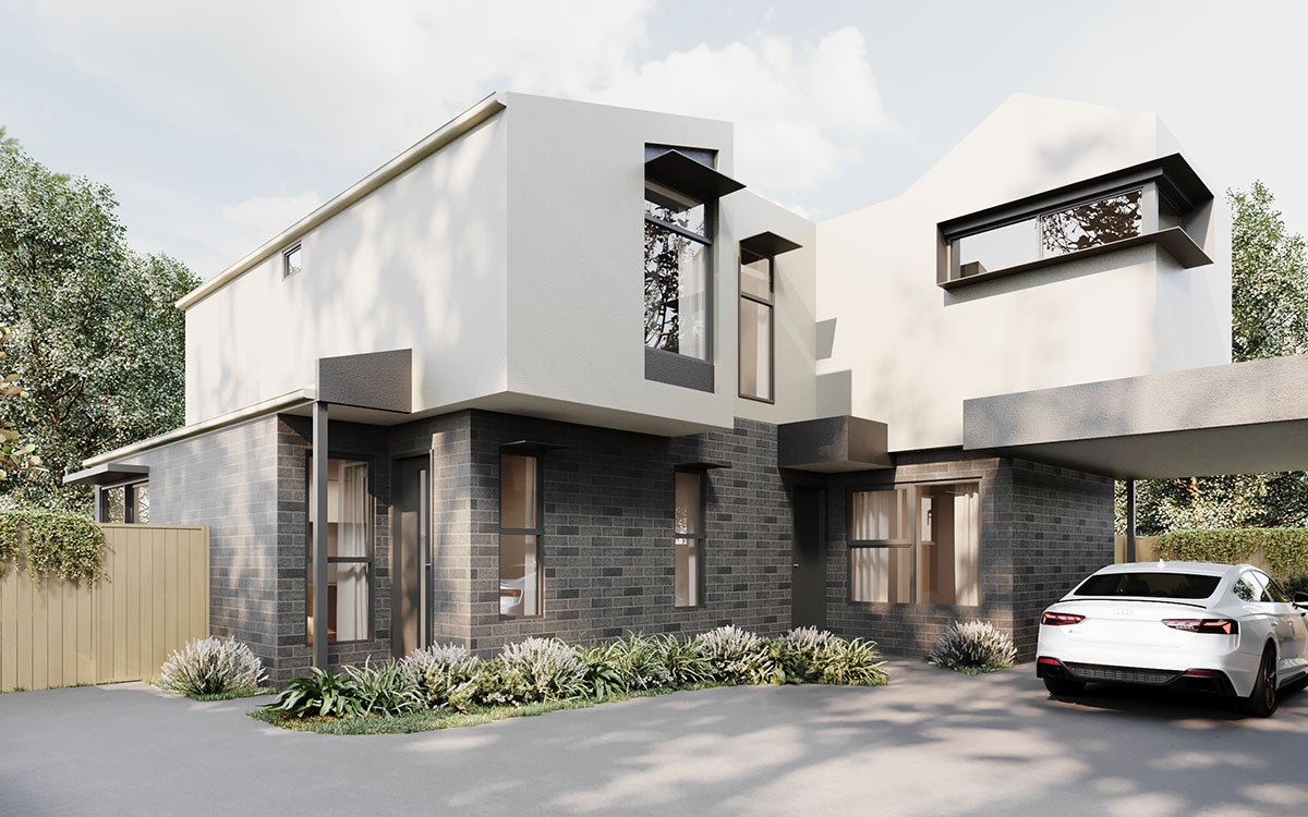 Contemporary residential design in Heidelberg West 3D render highlighting minimalist facade and natural lighting