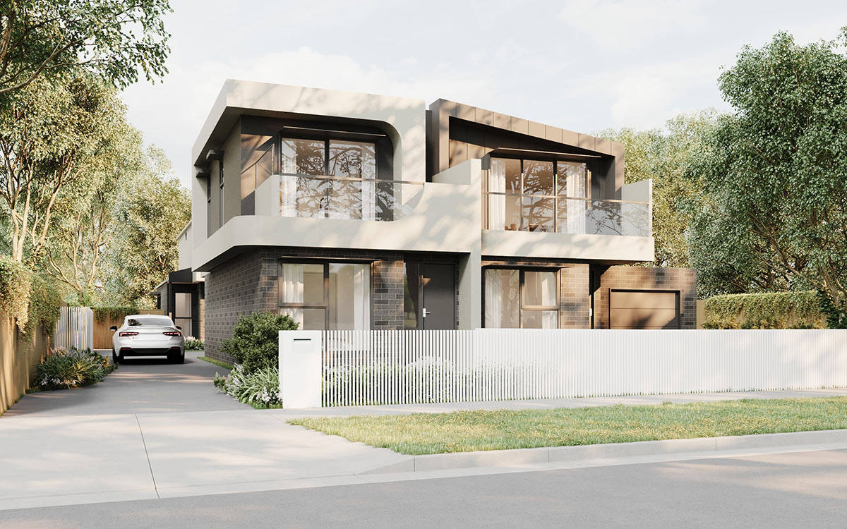 Modern townhouse exterior in Heidelberg West 3D rendering featuring clean architectural lines and balcony design
