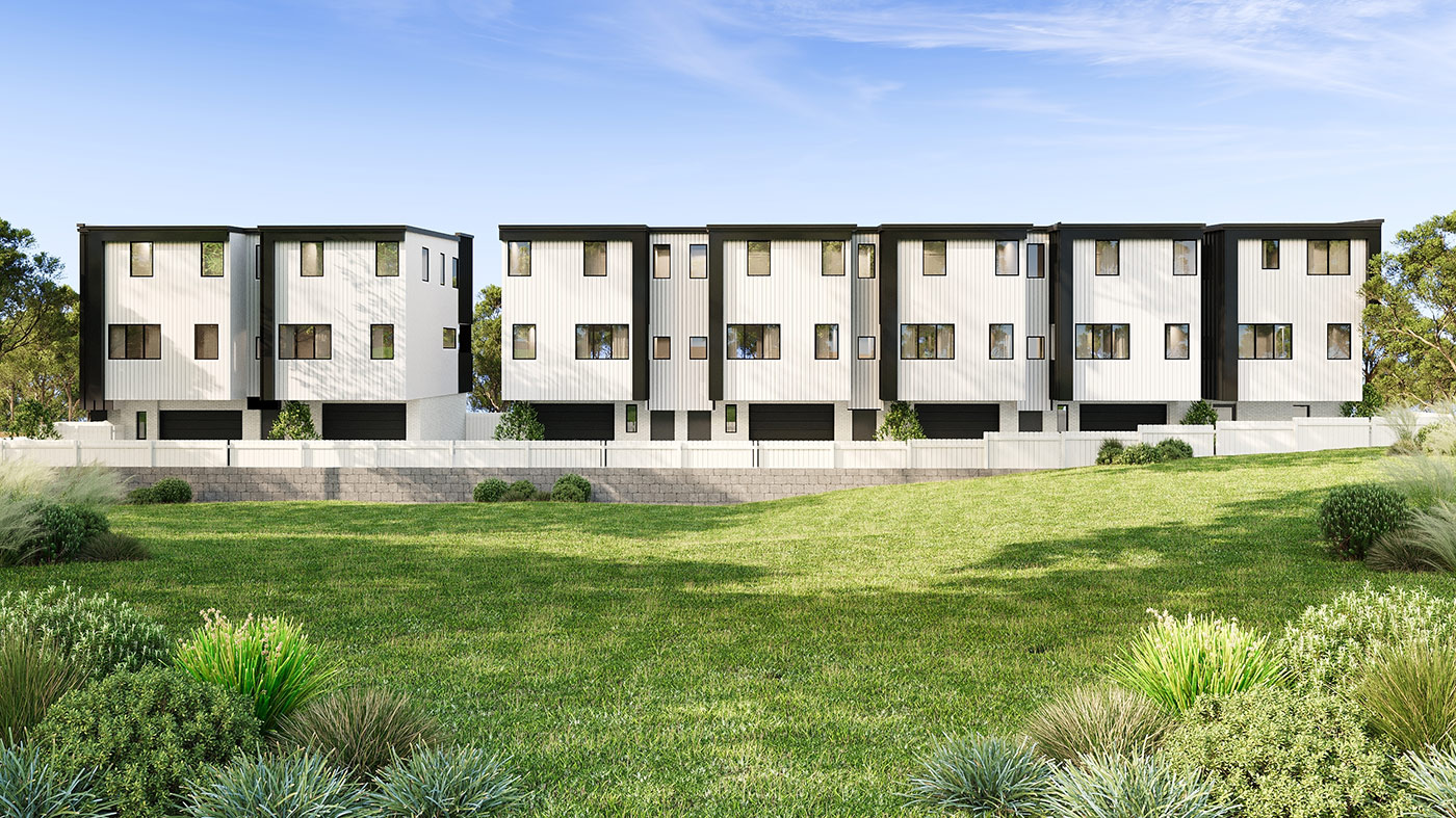 Contemporary townhouse 3D rendering in Johnsonville Wellington with clean lines and landscaping