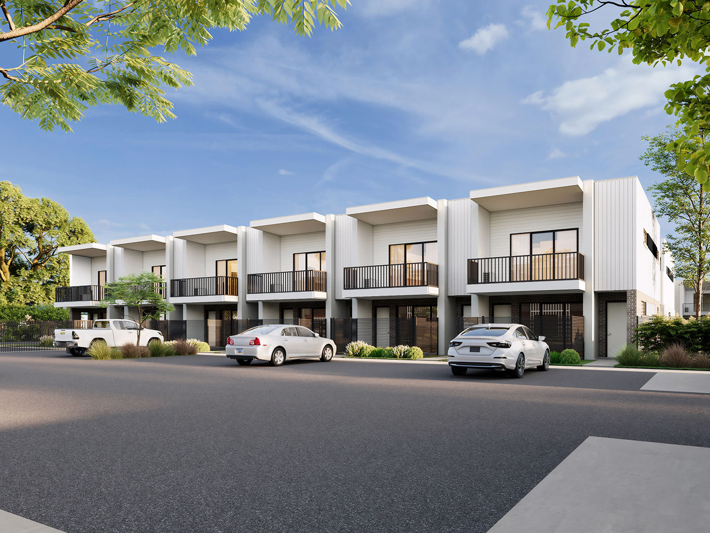 Modern townhouse development streetscape in Kilkenny Adelaide featuring repeating facades and balconies shown in a high-quality 3D Rendering