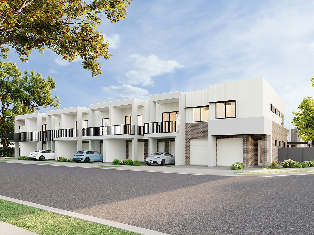 Contemporary townhouse row in Kilkenny Adelaide with clean architectural lines and landscaped frontage presented in a 3D Render