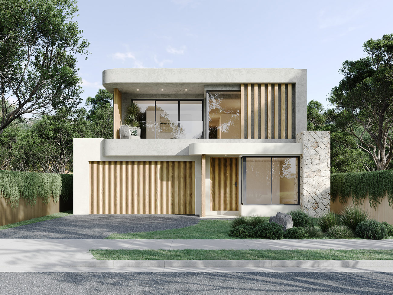 Modern two storey home facade in Kogarah Bay NSW 3D rendering with concrete finishes, timber battens and landscaped front yard