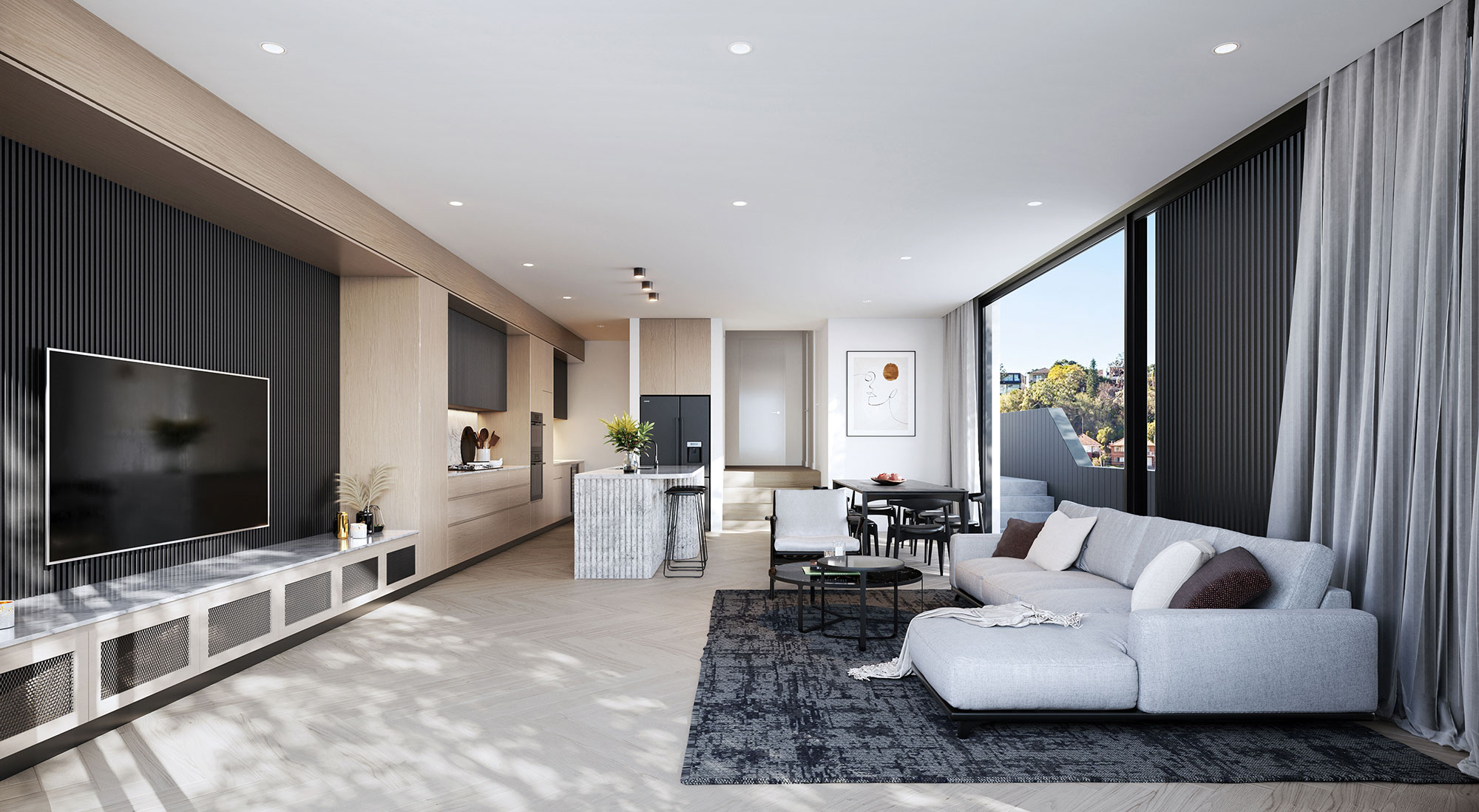 Modern open plan living and kitchen in Kyle Bay Sydney visualised as a contemporary residential 3D rendering with clean finishes