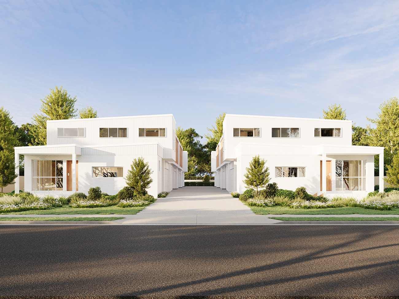 Residential streetscape in Lake Illawarra with landscaped pathways and modern homes presented in a 3D Rendering