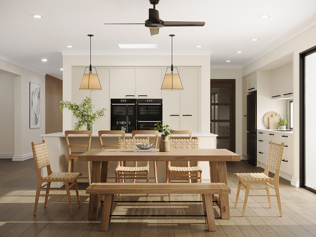 Modern kitchen and dining area in Leppington Sydney with warm timber and feature lighting presented as a detailed 3D rendering