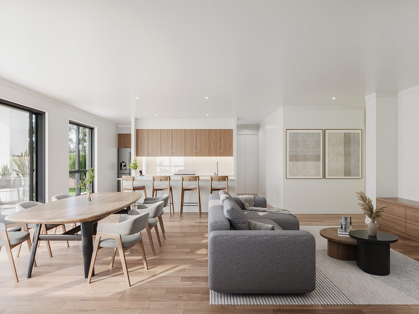 Modern open plan living dining kitchen 3D rendering in Littlehampton SA showcasing natural timber finishes and contemporary Australian home design