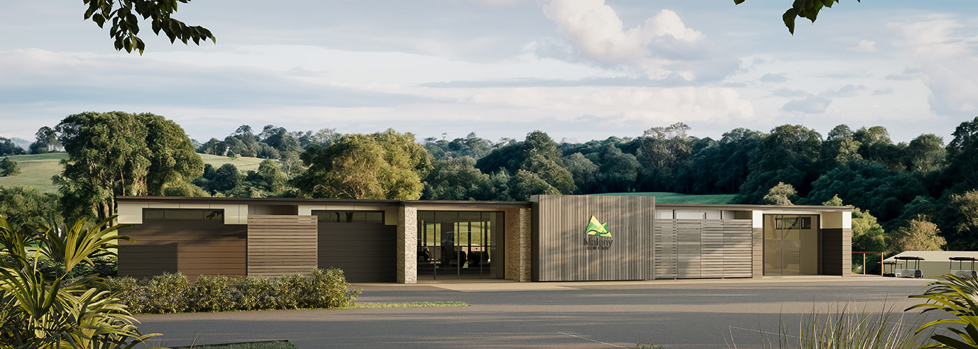 Commercial clubhouse facade 3D rendering in Maleny QLD showcasing modern architecture and landscaped surrounds