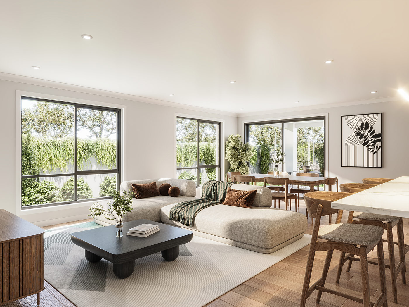 Modern living dining kitchen 3D rendering in Manly NSW featuring soft neutral palette and coastal Australian interior styling