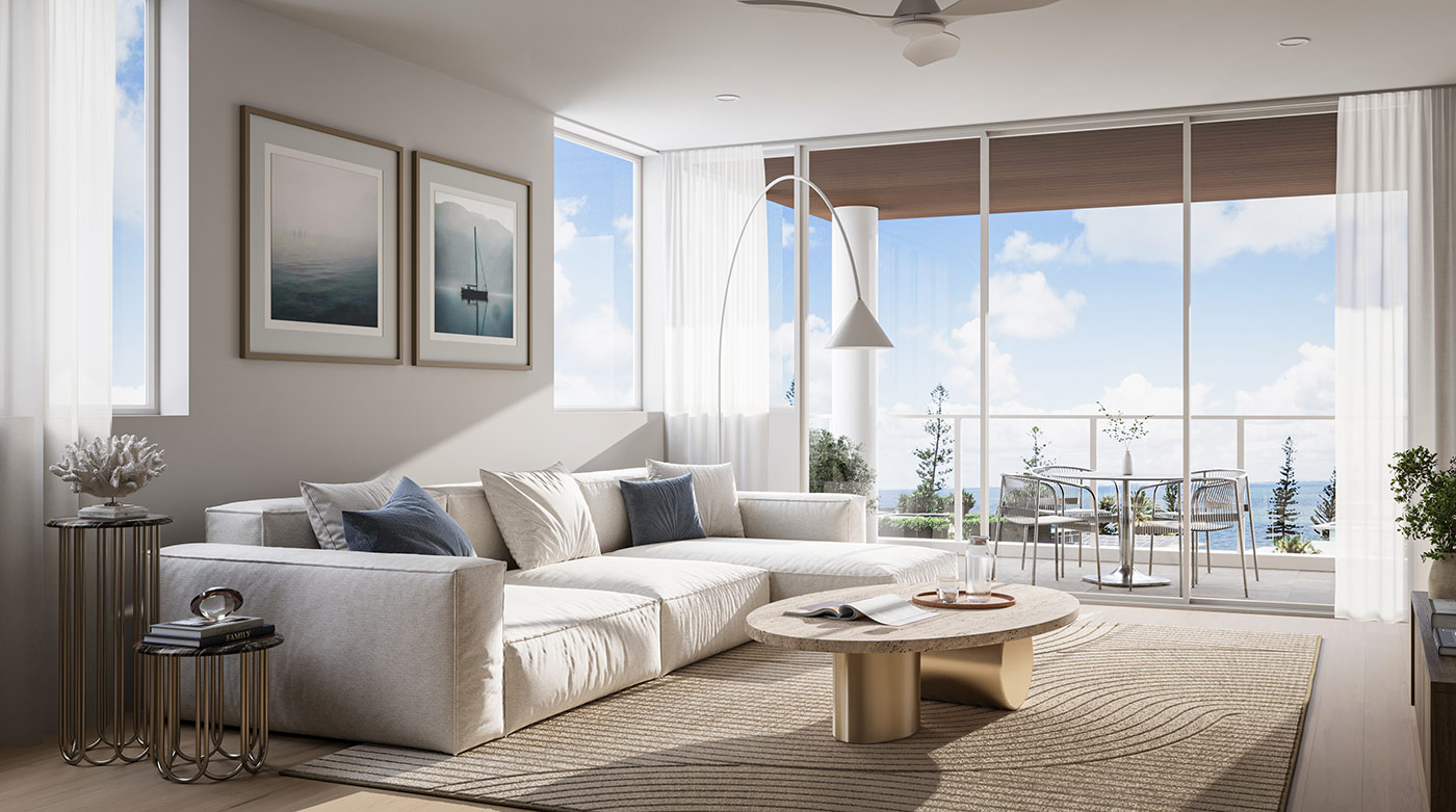 Coastal style living room in Margate Brisbane designed with relaxed textures and soft light in a detailed architectural 3D rendering