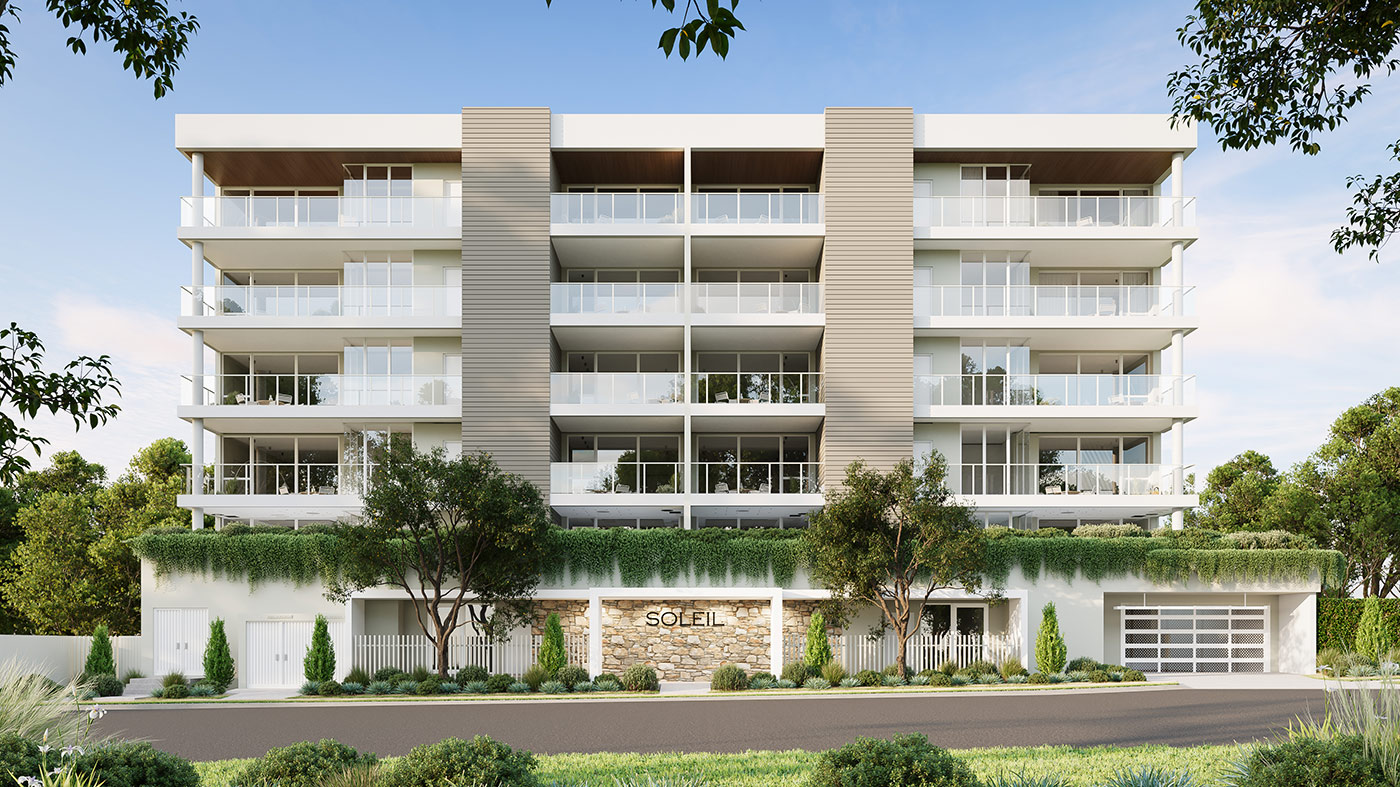 Coastal townhouse development facade in Margate with balconies and soft neutral tones captured in a 3D Rendering