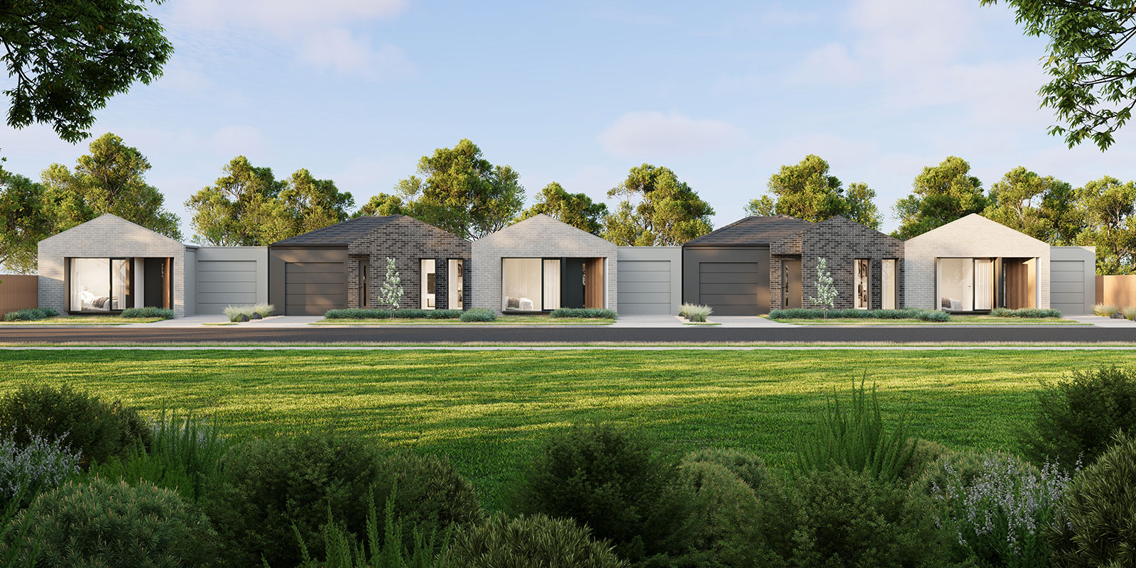 North facing townhouse streetscape in Marsden Park NSW 3D render with modern facades and landscaped verge