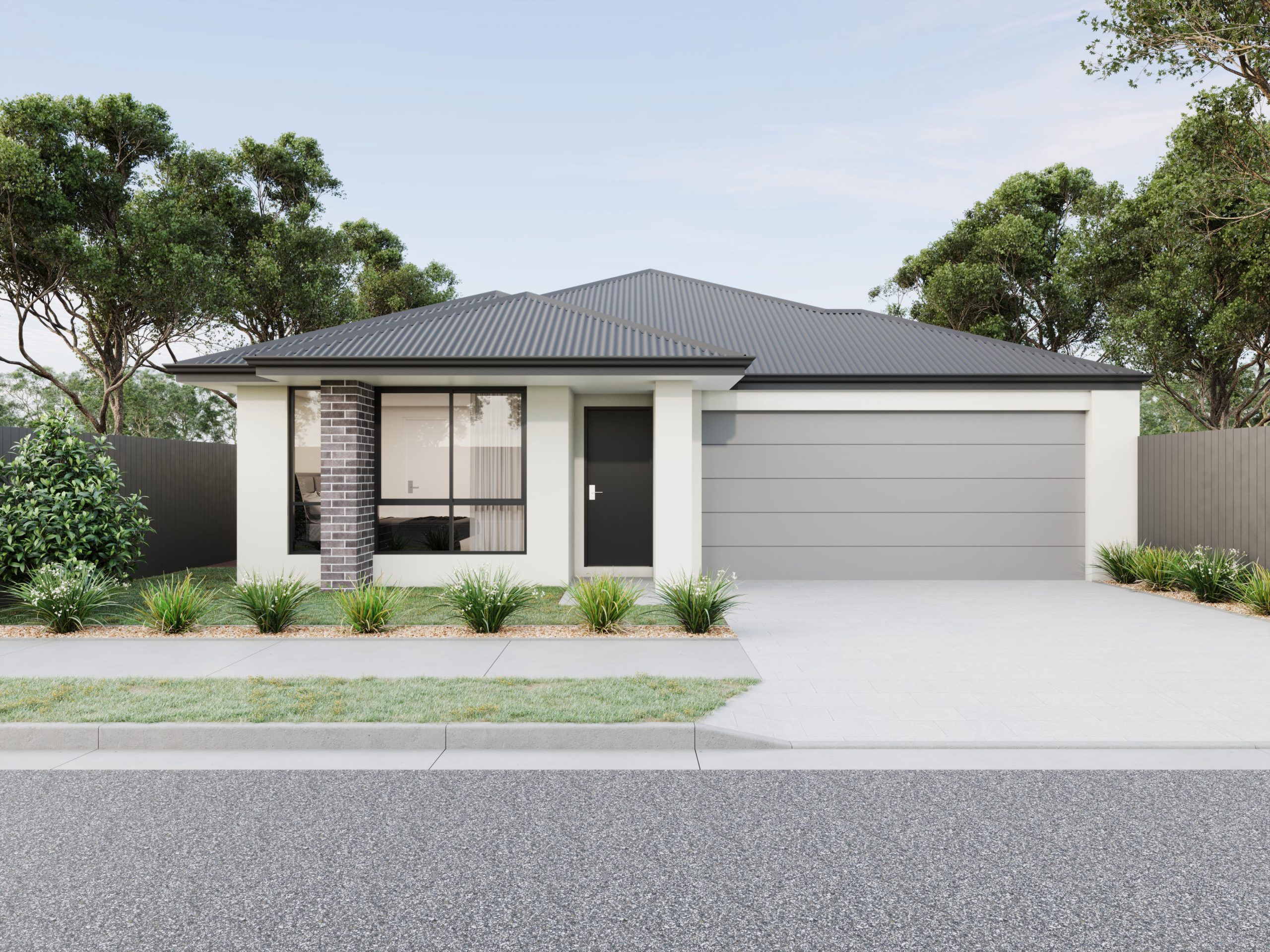 Single storey project home facade in Marsden Park NSW 3D render featuring contemporary brick and rendered finishes with double garage