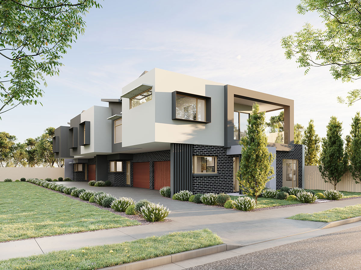Townhouse development streetscape in Marsden Park with repeating facade modules shown in a 3D Render