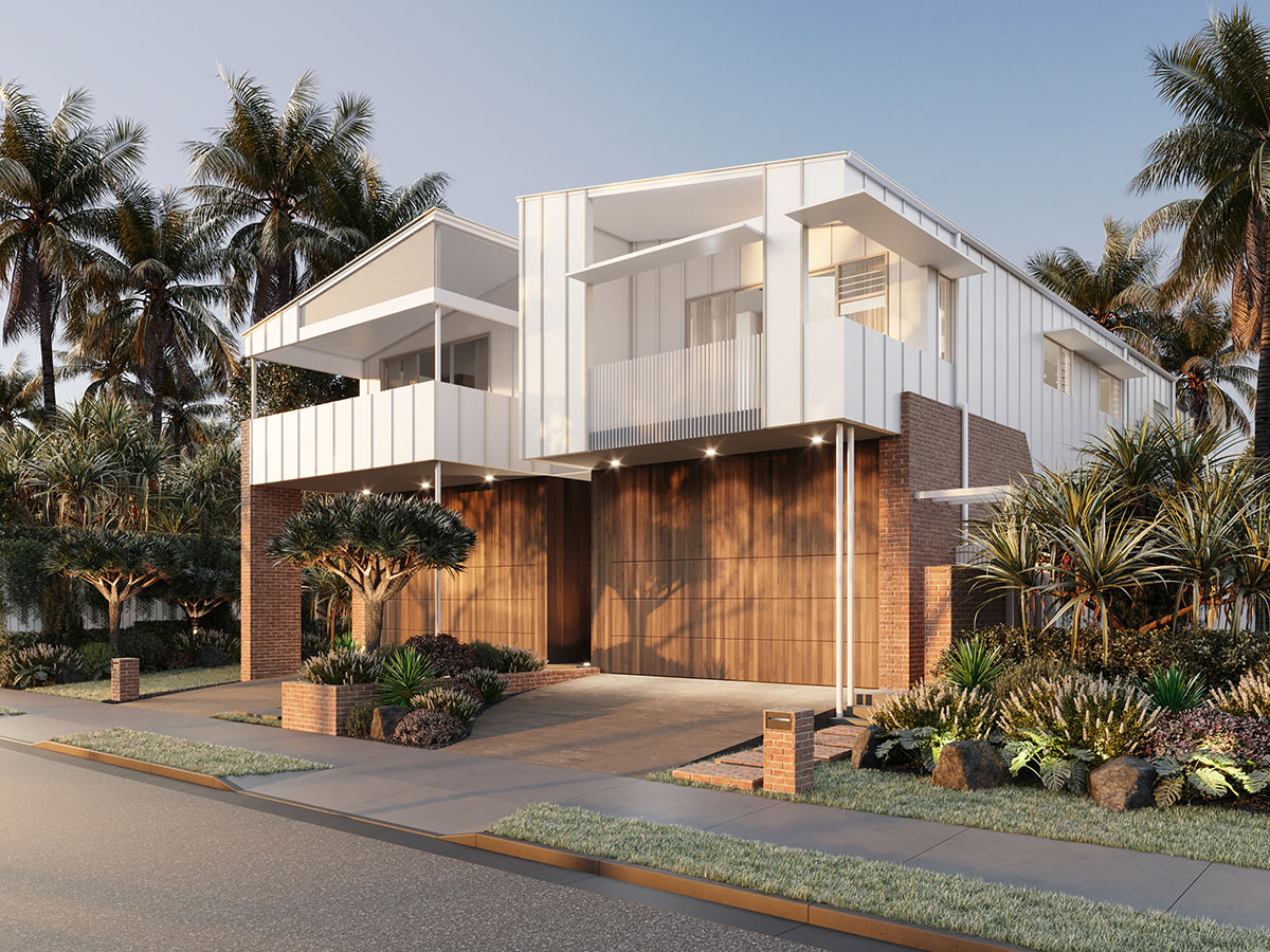 Coastal dual occupancy home in Merewether NSW 3D render featuring timber accents and modern facade design