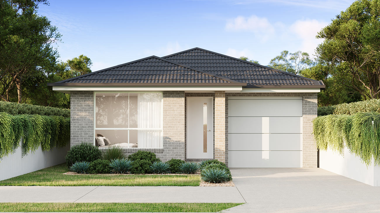 Stylish modern home facade 3D Render in Wollert VIC with dark roof, brick exterior and contemporary landscaping