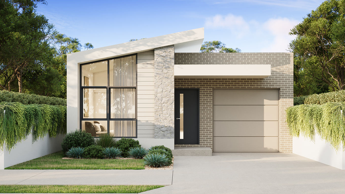 Modern single storey home facade 3D Rendering in Tarneit VIC featuring stone cladding, large glazing and landscaped frontage