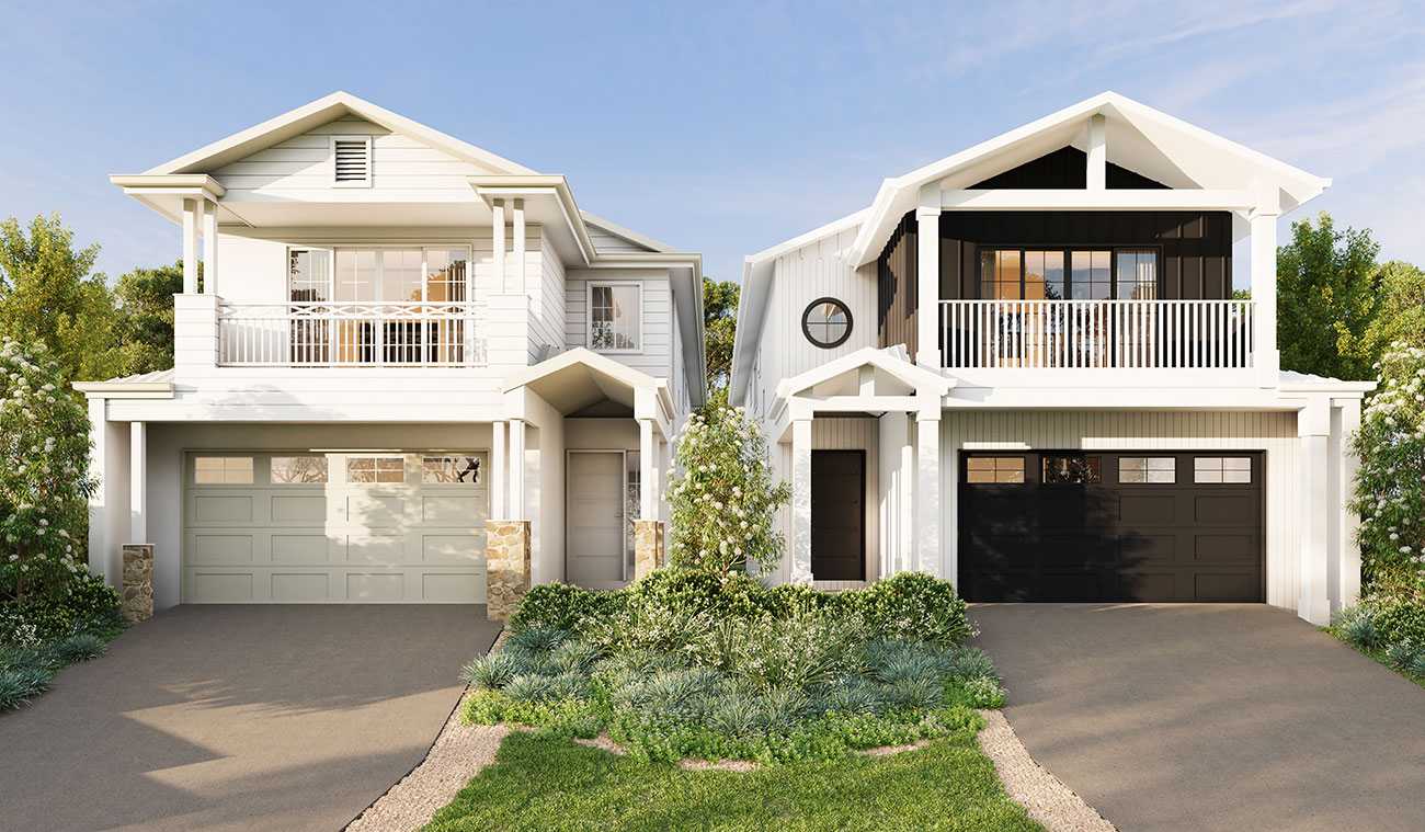 Townhouse row streetscape in Mitchelton with pitched roof forms and landscaping shown in a 3D Rendering