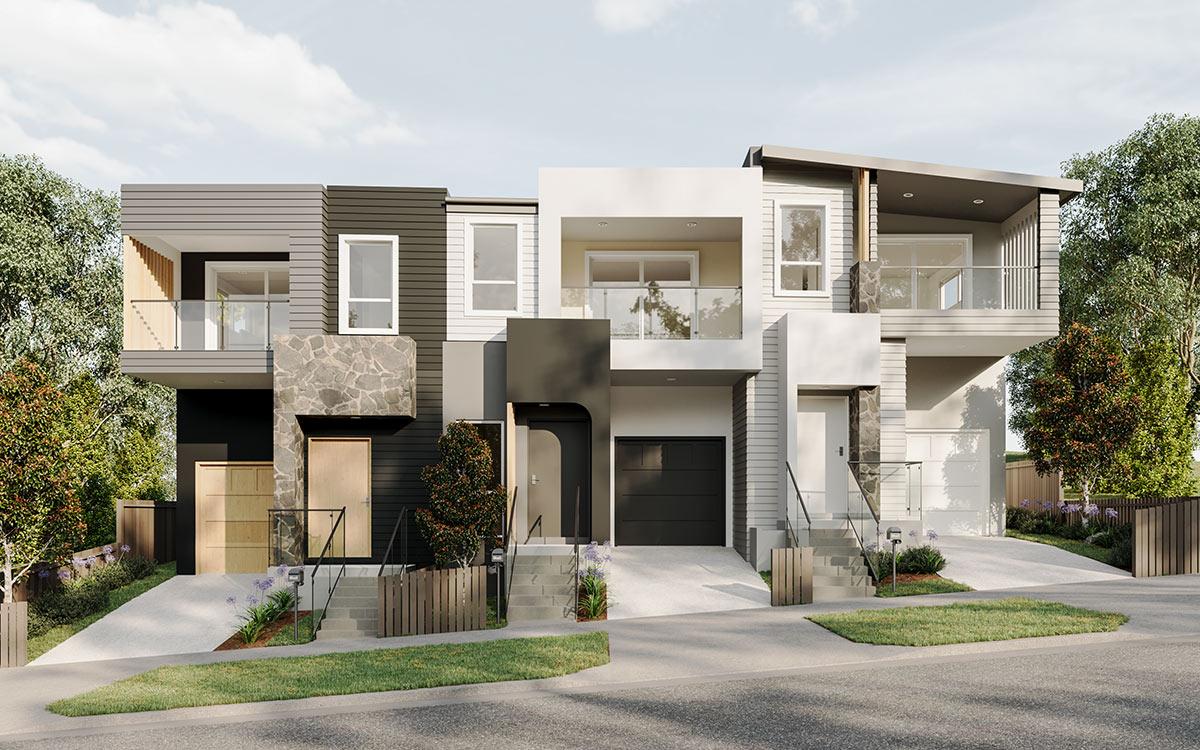 Modern duplex facade in Mittagong NSW 3D rendering in daylight with clean geometry and landscaped frontage