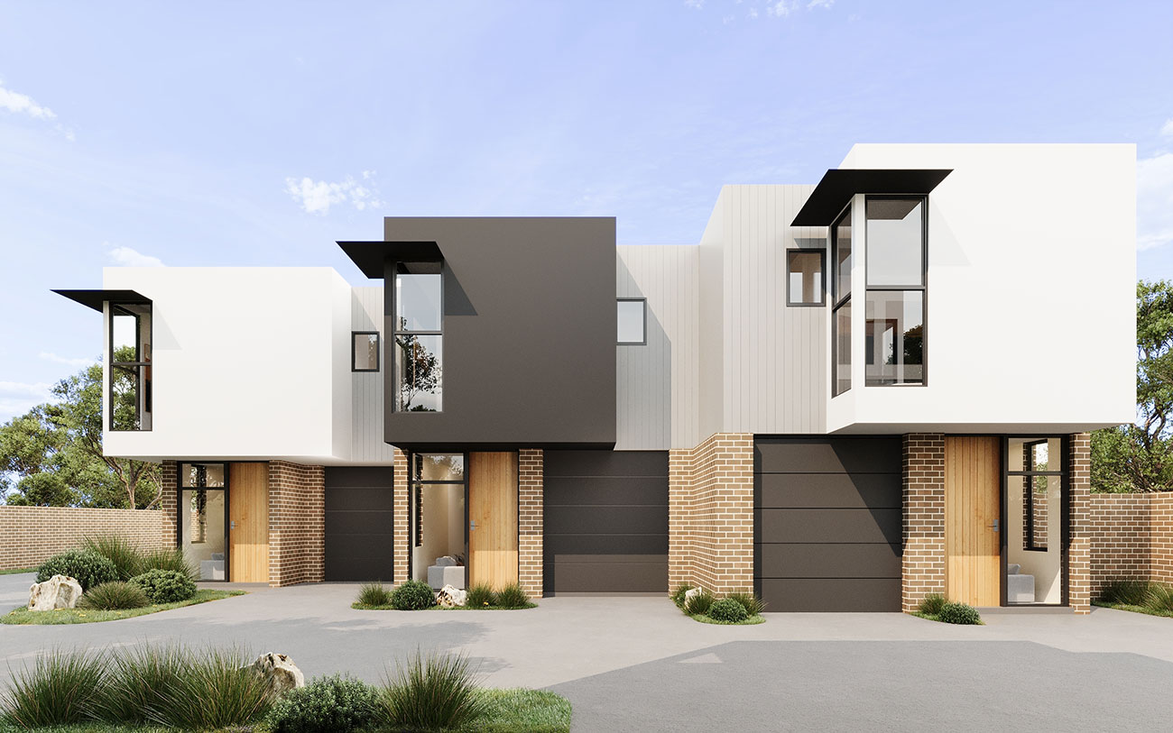 Suburban duplex development in Modbury South Australia with modern materials and garage frontage in a 3D Render