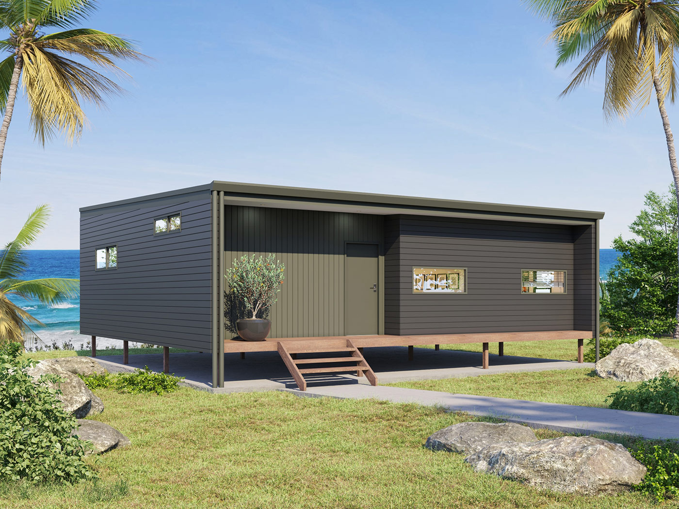 Elevated coastal style home in Montville QLD 3D rendering with timber cladding, ocean outlook and tropical landscaping