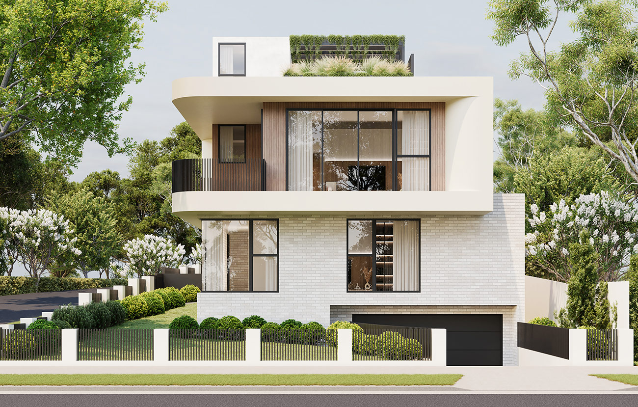 Contemporary duplex design in Mordialloc with bold volumes and large glazing presented in a 3D Rendering