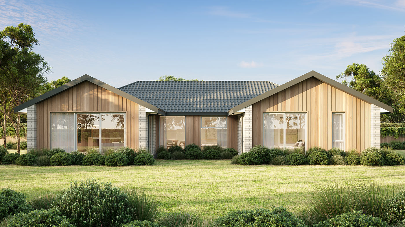 Luxury modern home 3D Rendering in Greenvale VIC featuring wide frontage, large glazing and landscaped outdoor space