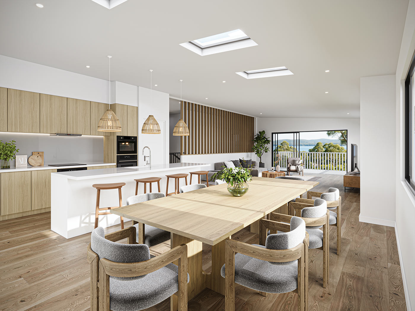Luxury living and dining interior at Murrays Beach Lake Macquarie shown in a realistic 3D render with timber ceiling and panoramic landscape views