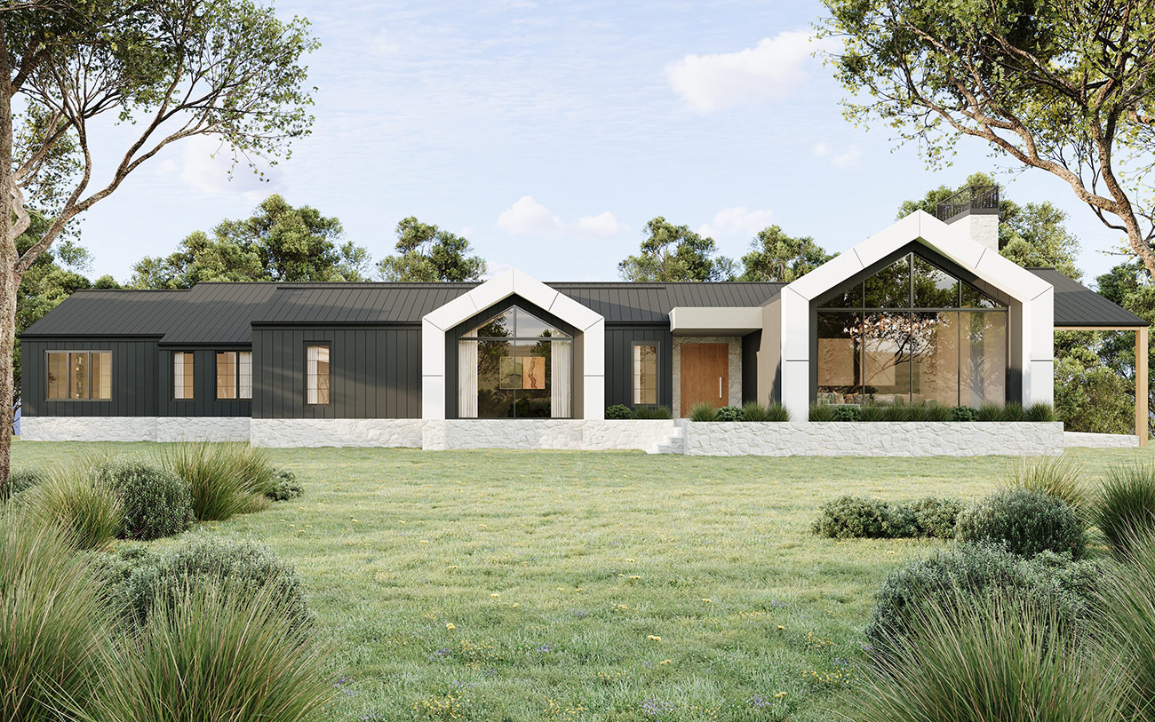 Modern rural farmhouse facade in Nerrina VIC 3D render with gabled rooflines, large glazing and natural landscape setting